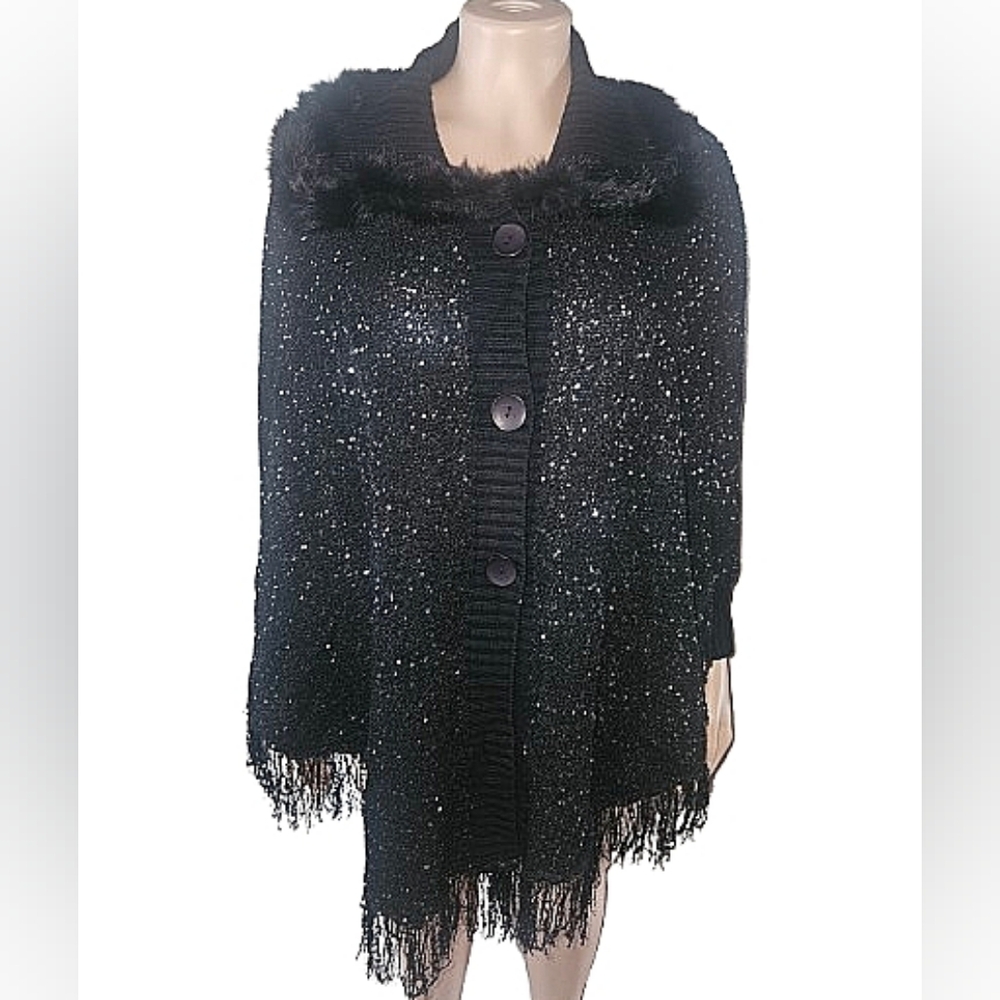 Black/Silver Fringe Knit Sweater Cape With Sequins  1 Size Fits Most